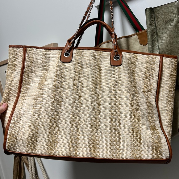 Lily & Bean Handbags - Elegant Tan and Brown Striped Tote Bag